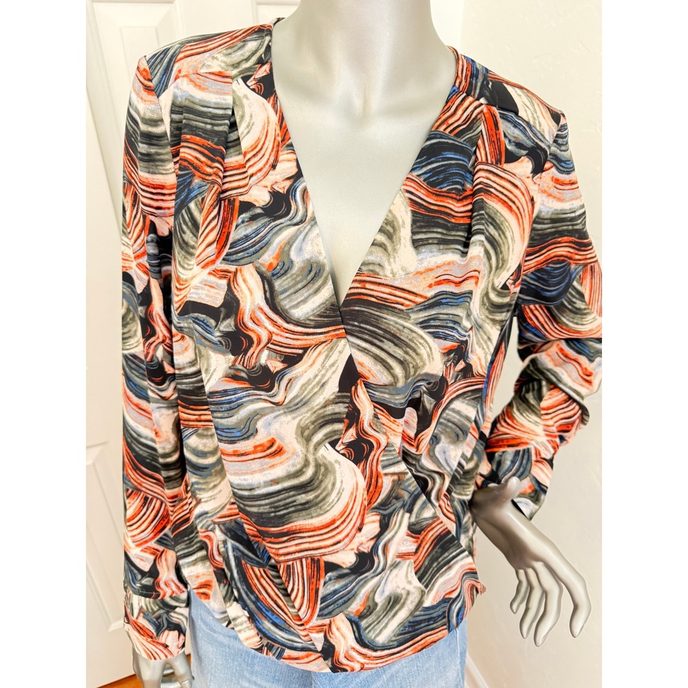 Halogen Abstract Marble Print Faux Wrap Blouse V-Neck Long Sleeve Multicolor S - Picture 9 of 9